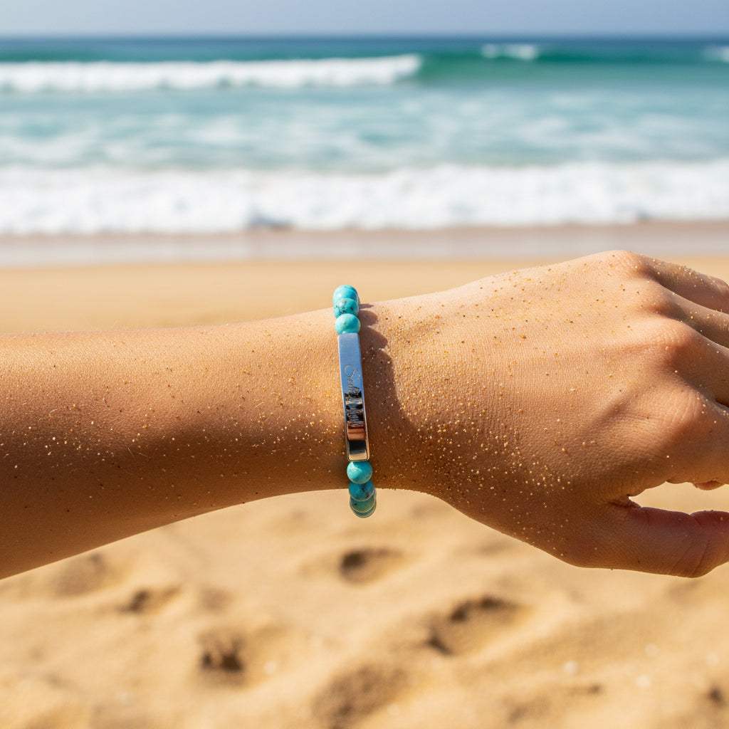 Engraved Natural Stone Stretch Bar Bracelet — Personalized Healing Gem Beaded Bracelet