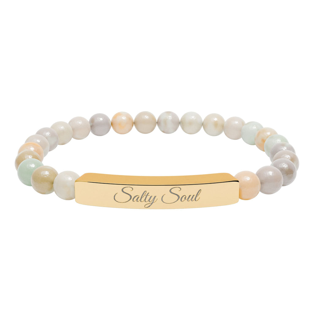 Engraved Natural Stone Stretch Bar Bracelet — Personalized Healing Gem Beaded Bracelet