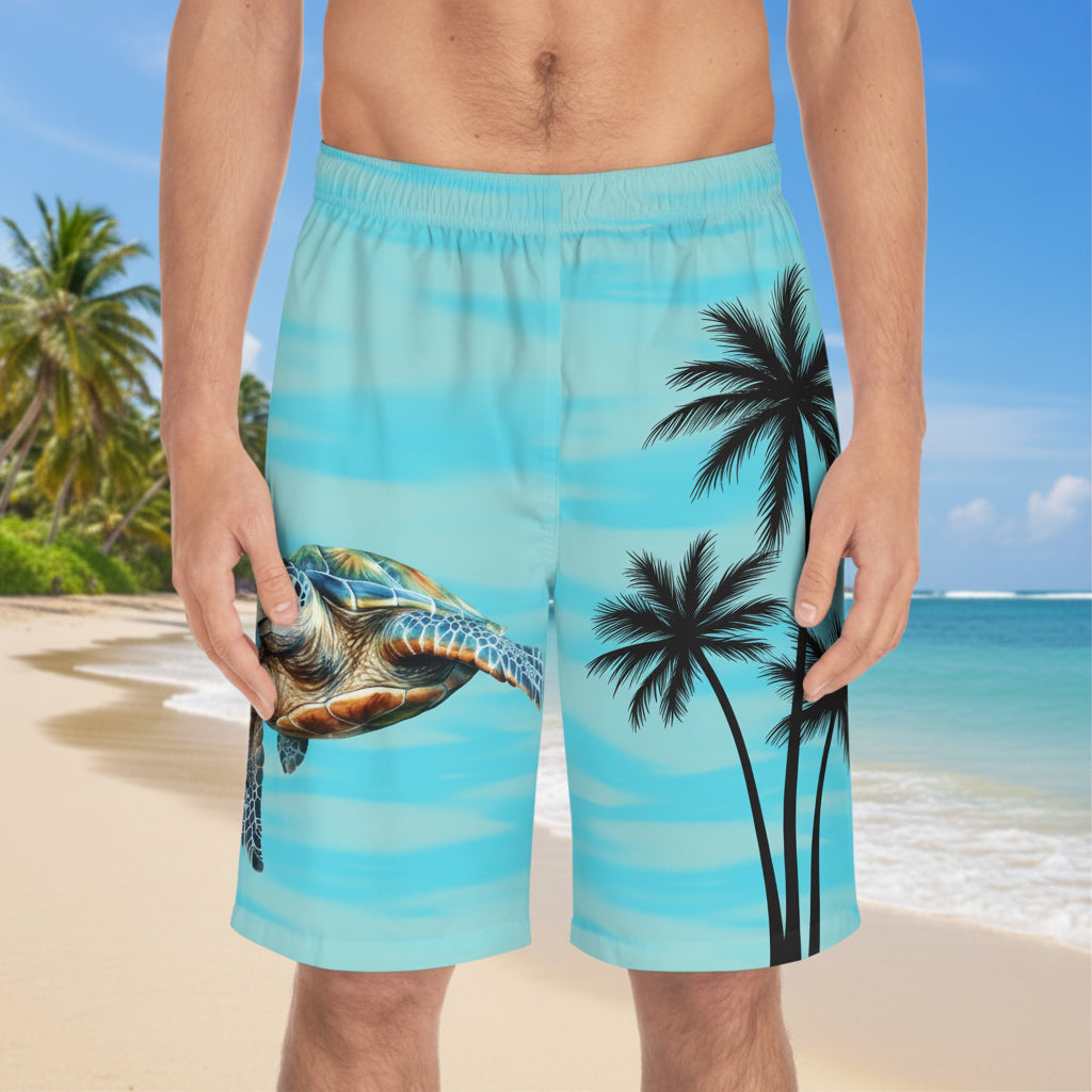 Sea Turtle Palm-Print Board Shorts — Men's Tropical Swim Trunks